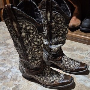 BRANDON Brown Leather Square Toe Stained Glass Inlay Cowgirl Boots Women 8.5